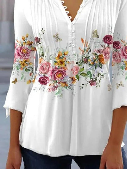 Damen Bluse Floralmuster Knopfdetail