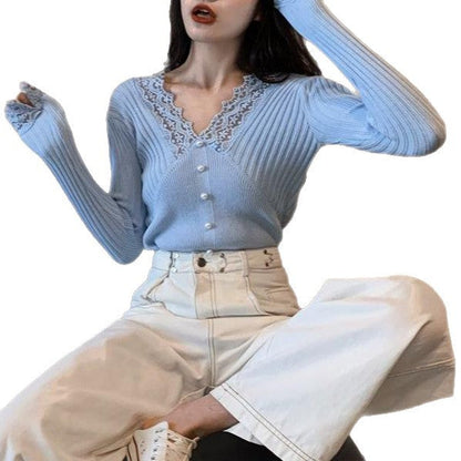 Damen Langärmliger Pullover Spitzendetails Eveloria