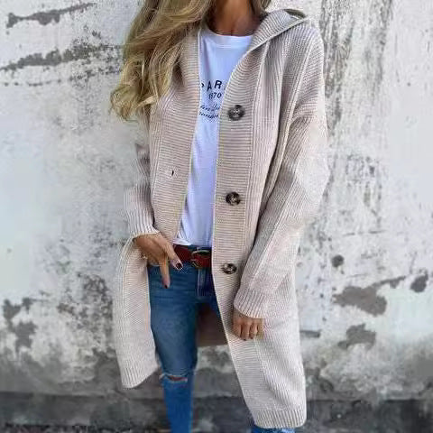 Damen Strickmantel mit Taschen und Knöpfen Elegant