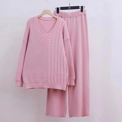 Damen Feinstrickpullover und weite Hose V-Ausschnitt Zopfdesign