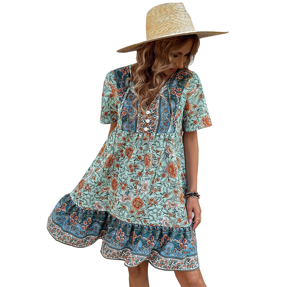 Damen Blumenkleid Sommer Rüschensaum Knopfdesign