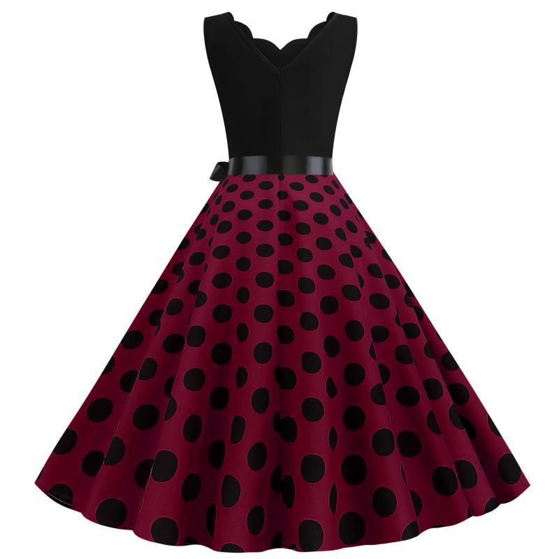 Damen A-Linien Kleid mit Polka-Dots Muster und Taillengürtel