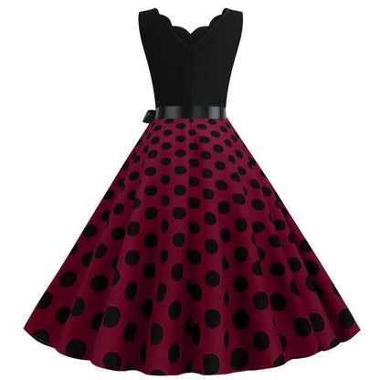 Damen A-Linien Kleid mit Polka-Dots Muster und Taillengürtel