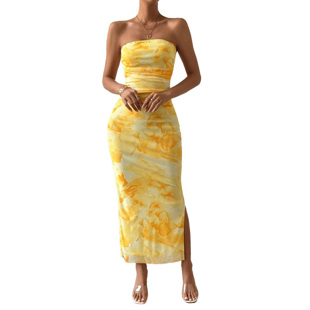 Damen Maxikleid mit Bandeau-Ausschnitt und hohem Schlitz Lang Eveloria