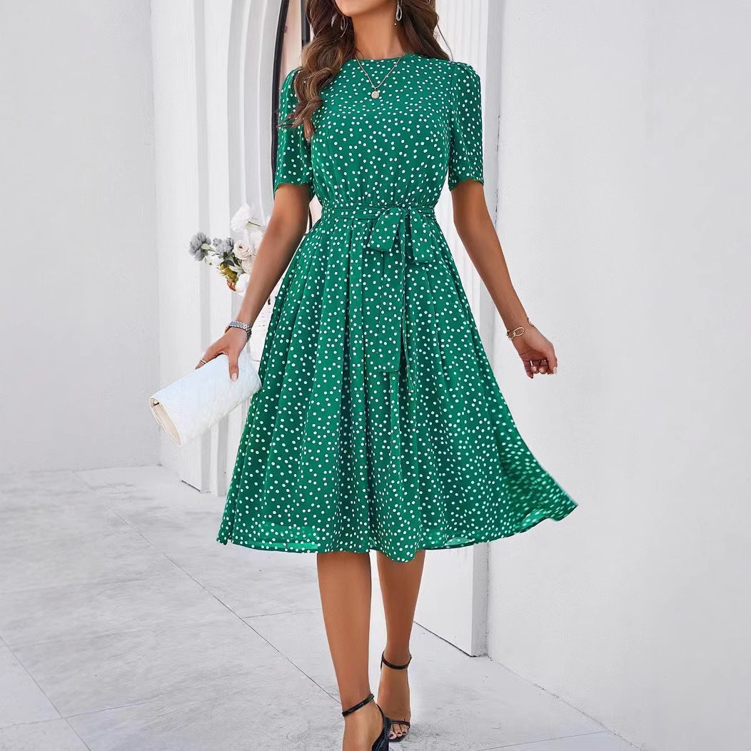 Damen Midikleid mit Punktedesign und Taillengürtel