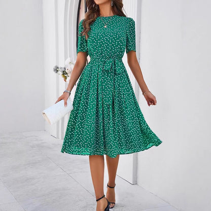 Damen Midikleid mit Punktedesign und Taillengürtel