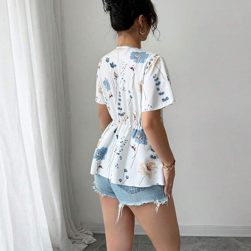 Damen Blusenshirt Floralmuster Spitzenakzent Eveloria