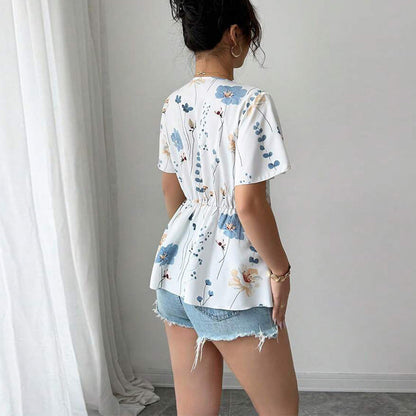 Damen Blusenshirt Floralmuster Spitzenakzent Eveloria