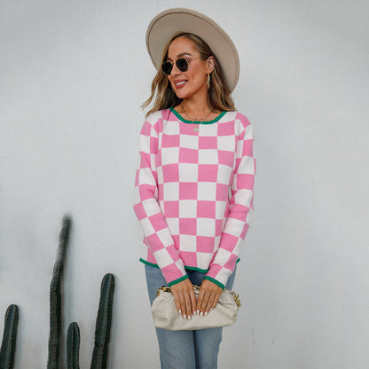 Damen Pullover Checkerboard Muster Grau Eveloria