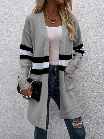 Damen Cardigan Grobstrick Lässige Streifen Taschen Beige
