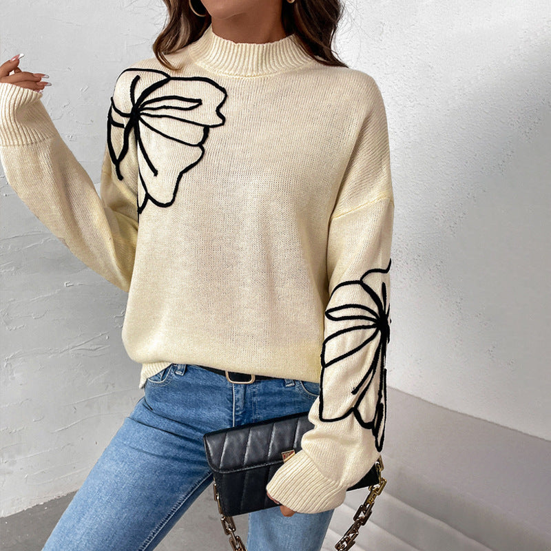 Damen Strickpullover Florales Design Hoher Kragen Eveloria