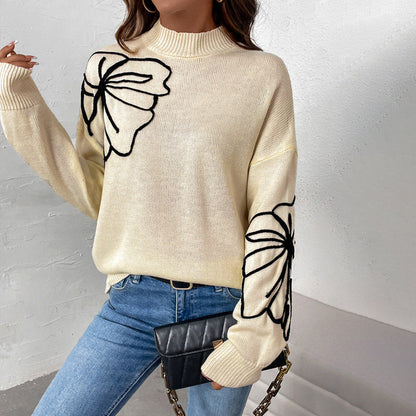 Damen Strickpullover Florales Design Hoher Kragen Eveloria