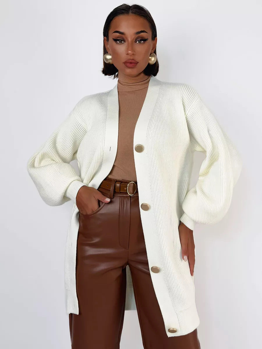 Damen Strickmantel Oversized Elegant Knöpfe Beige