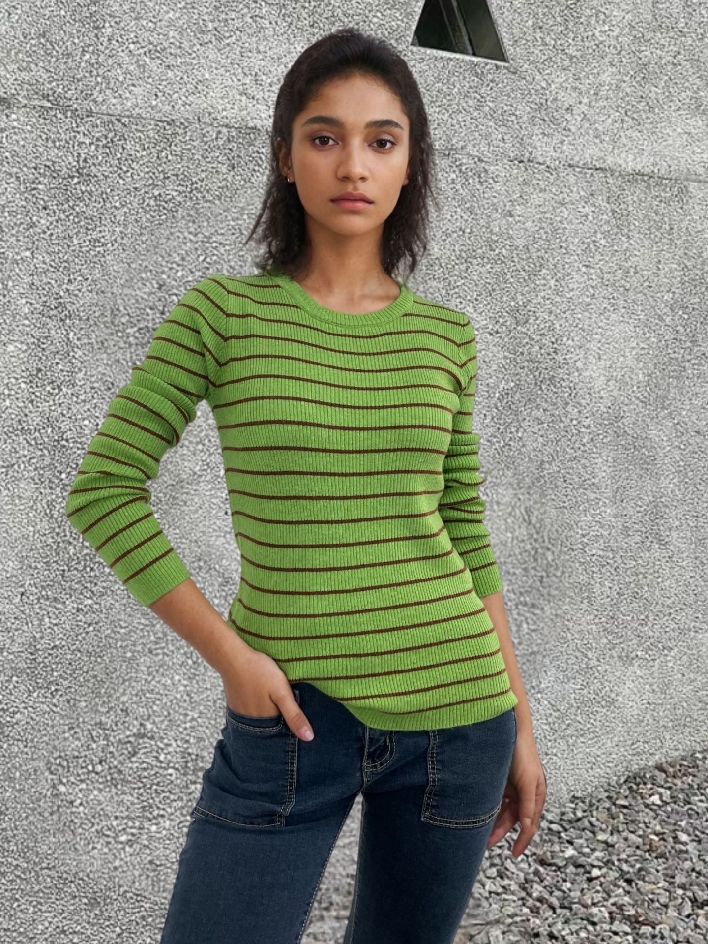 Damen Rippenpullover Gestreift Verlängerte Ärmel Eveloria