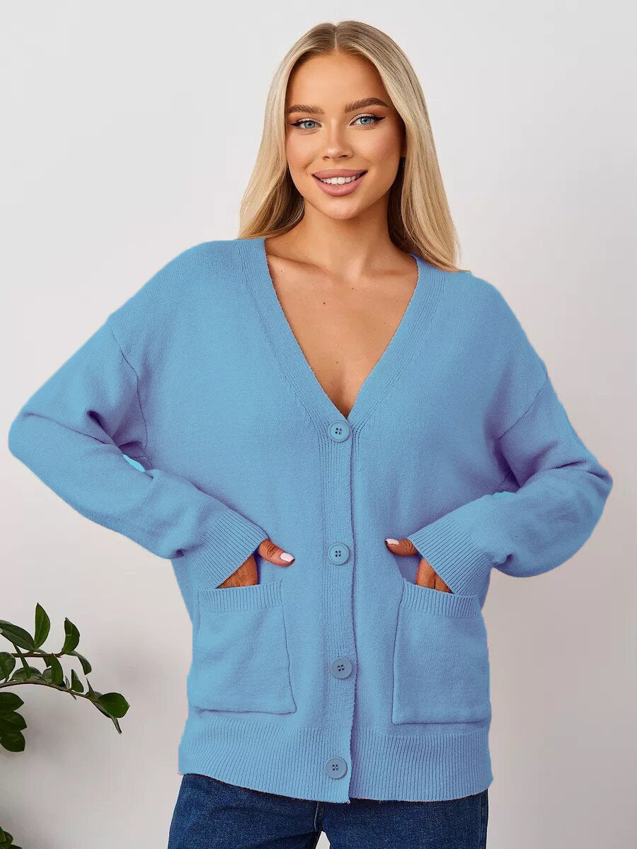 Damen Strickcardigan V-Ausschnitt Taschen Beige