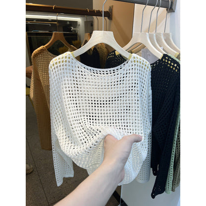 Damen Strickpullover Luftig Grobes Netzmuster Beige