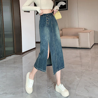Damen Denim-Rock Lang Frontschlitz