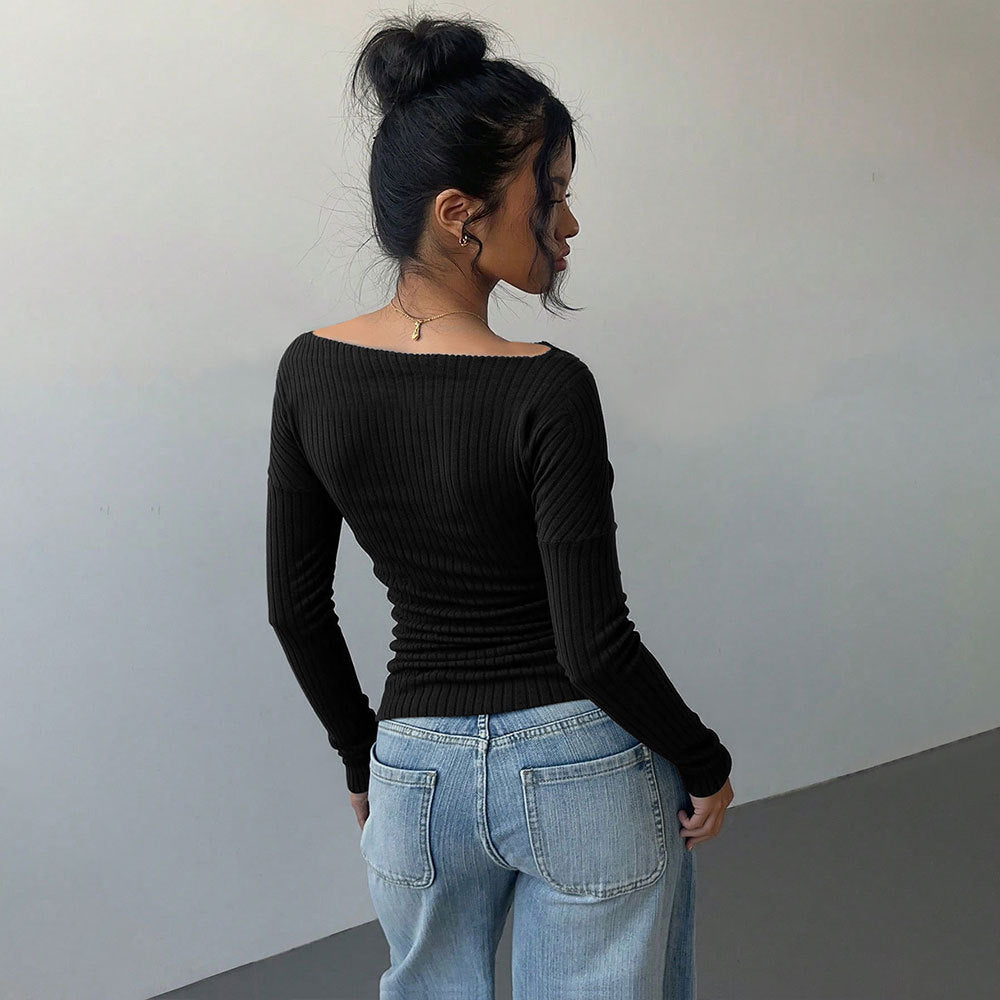 Damen Langarmshirt Schulterfrei Elegante Raffung Eveloria
