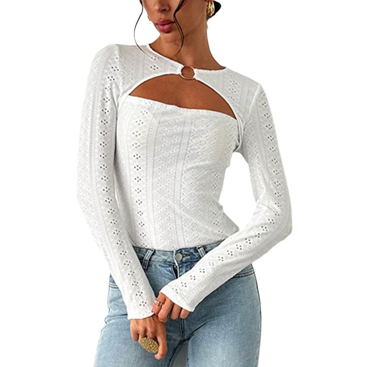 Damen Langarmshirt Baumwolle Dekorativ Cut-Out-Details Weiss