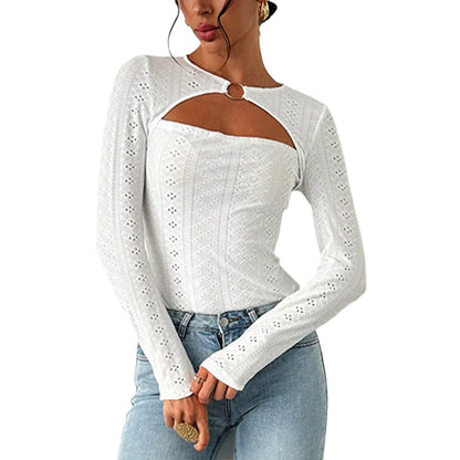 Damen Langarmshirt Baumwolle Dekorativ Cut-Out-Details Weiss