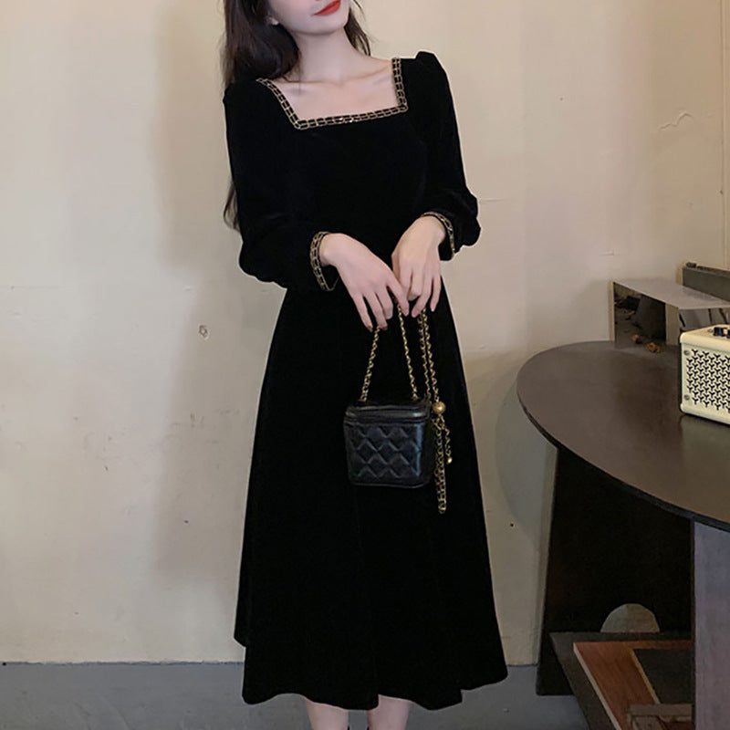 Damen Samt Midi Kleid Quadratischer Ausschnitt Puffärmel