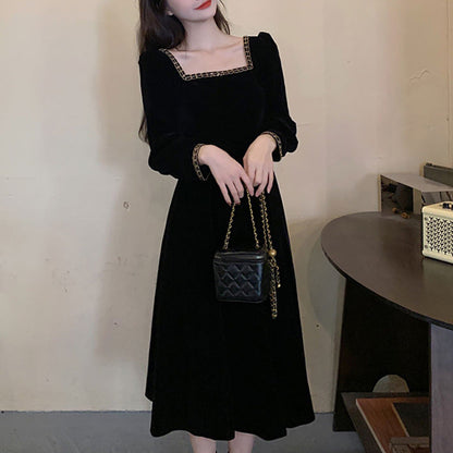 Damen Samt Midi Kleid Quadratischer Ausschnitt Puffärmel
