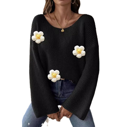 Damen Strickpullover Florales 3D-Design Weite Ärmel