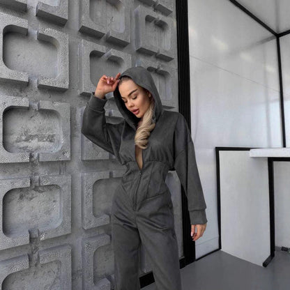 Damen Jumpsuit Tiefes Dekolleté Kapuze Eveloria