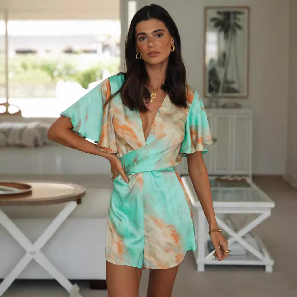 Damen Wickeljumpsuit V-Ausschnitt Voluminöse Ärmel Eveloria