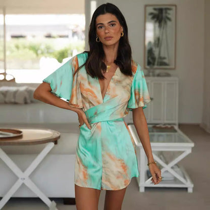 Damen Wickeljumpsuit V-Ausschnitt Voluminöse Ärmel Eveloria