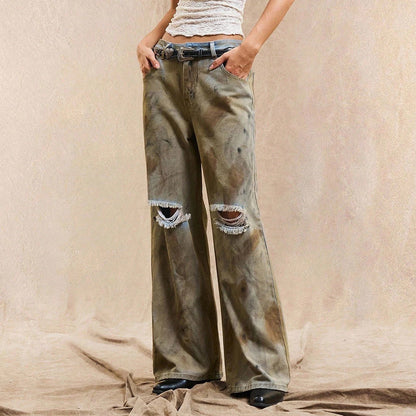 Damen Weite Jeanshose Distressed Details Blau Eveloria