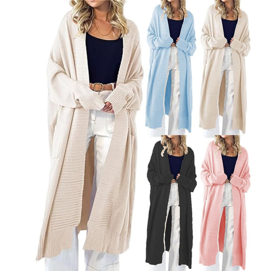 Damen Strickcardigan Lang mit Muster und Taschen Anthrazit - Eveloria