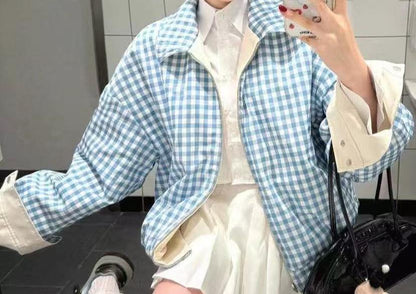 Damen Übergangsjacke Kariert Großzügig Modern weiß Eveloria