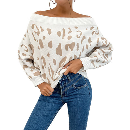 Damen Pullover Off-Shoulder Leopardenmuster