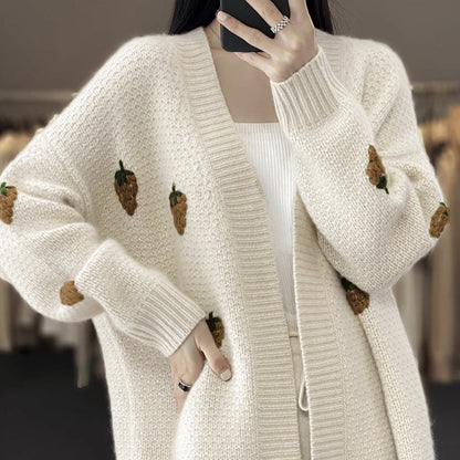 Damen Strickjacke Erdbeermuster