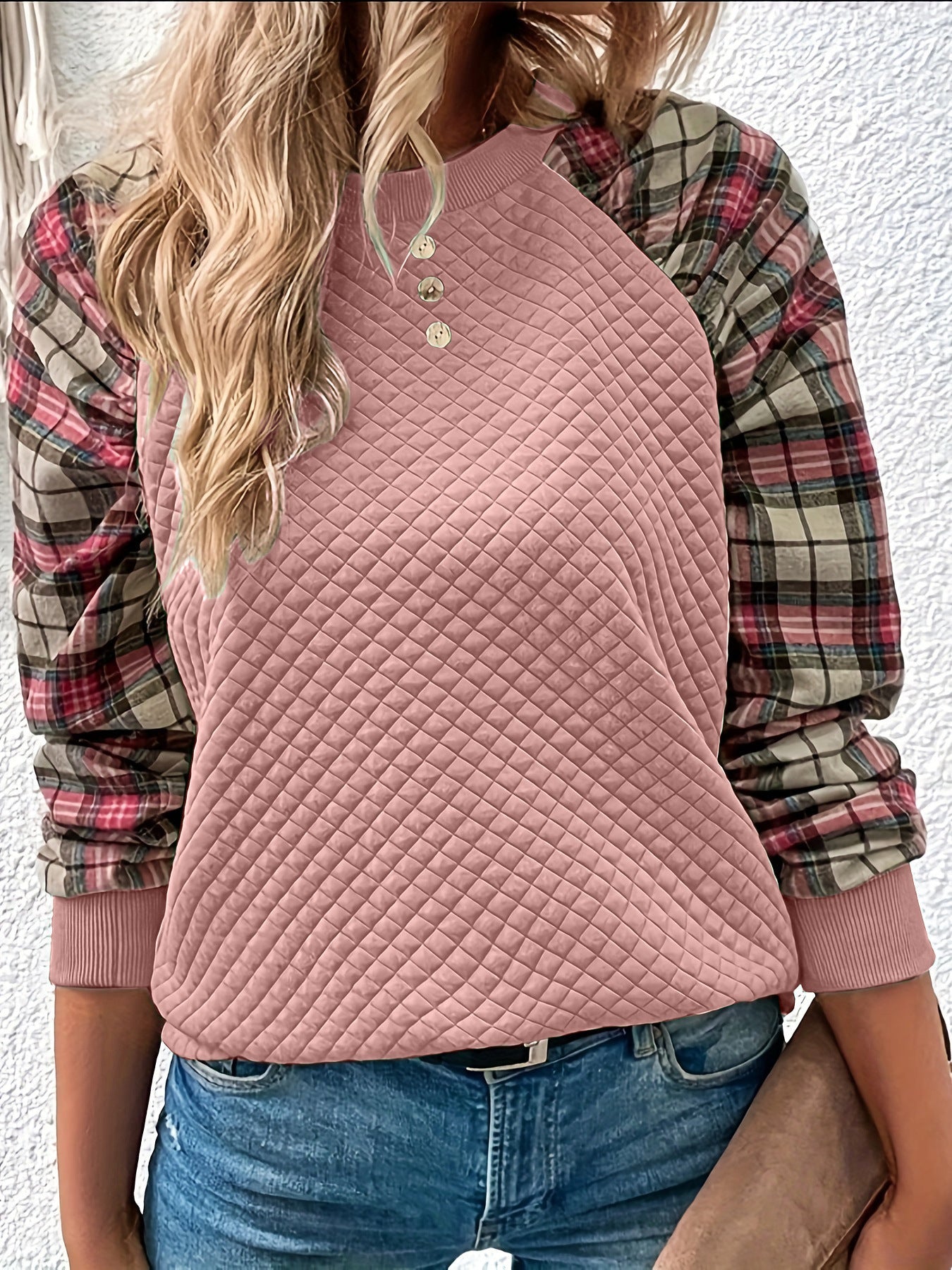 Damen Sweatshirt Gitterstruktur Karierte Ärmel Eveloria