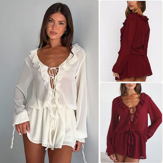 Damen Chiffonbluse Rüschendekoration V-Ausschnitt - Eveloria