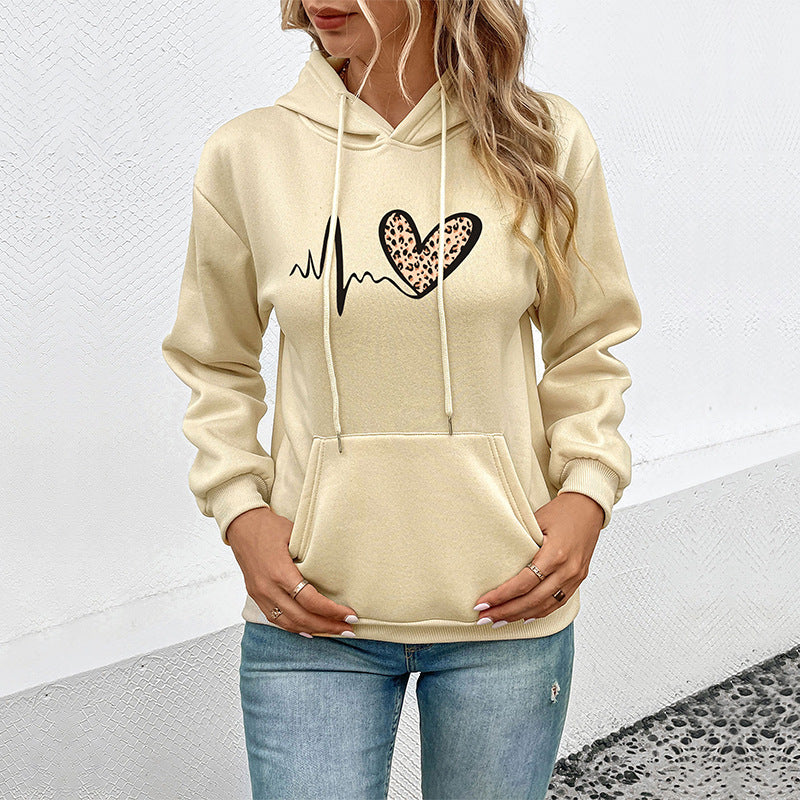 Damen Kapuzenpullover Tier-Design Herz-Muster Kängurutaschen Schwarz - Eveloria