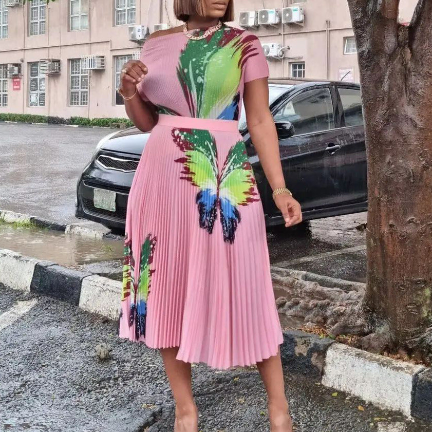 Damen Maxikleid Bunt Schmetterling Plisseefalte Eveloria