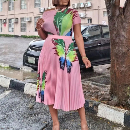 Damen Maxikleid Bunt Schmetterling Plisseefalte Eveloria