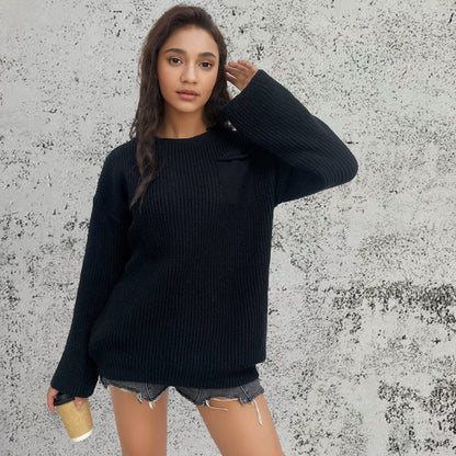 Damen Strickpullover Groß Brusttasche