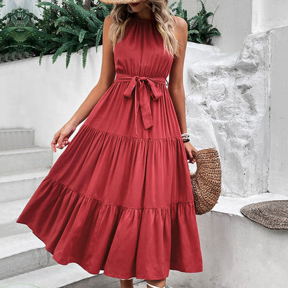 Damen Maxikleid V-Ausschnitt Taillengurt Voluminöser Rock - Eveloria