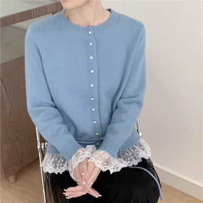 Damen Strickjacke Rüschendetails Perlenknöpfe Eveloria