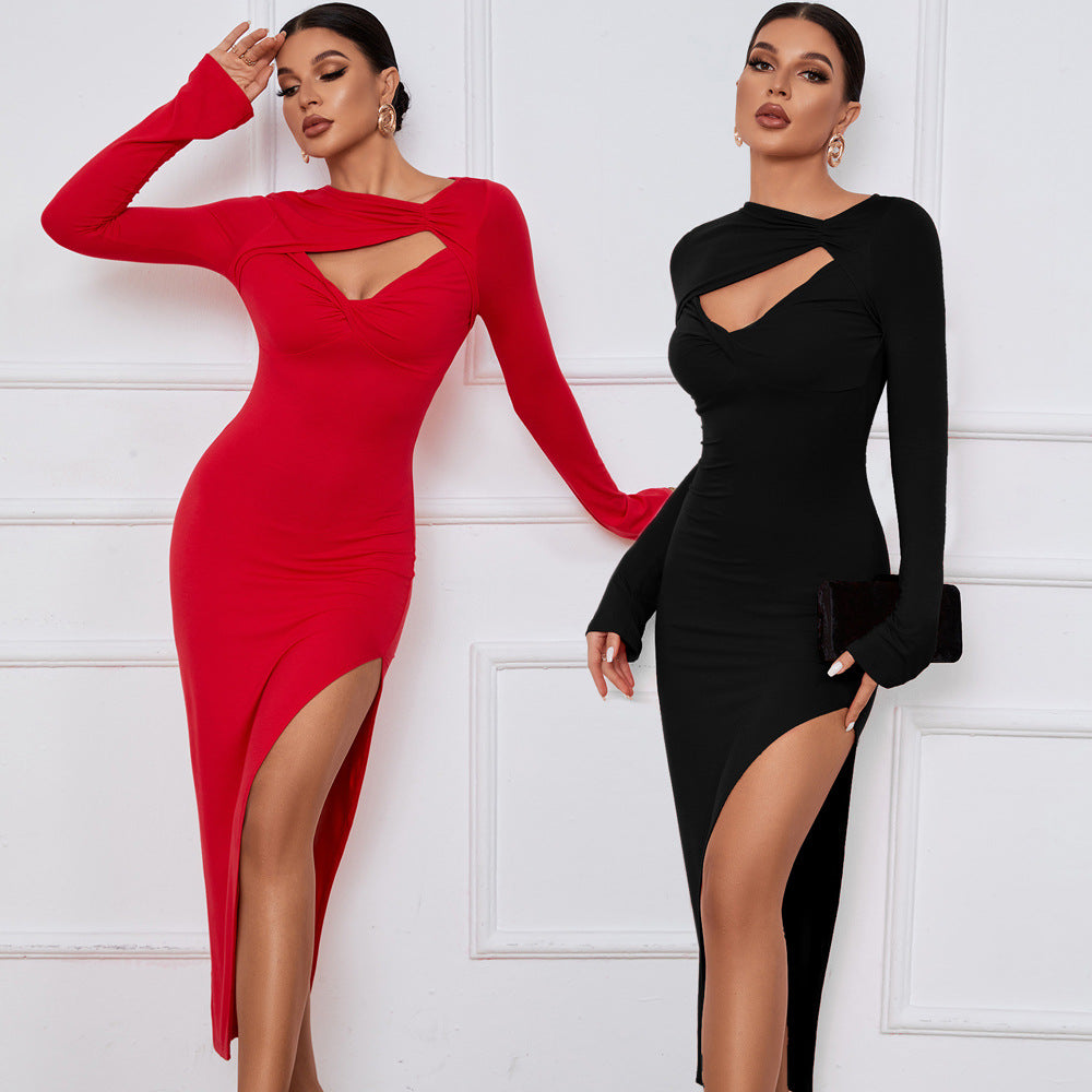 Damen Langarm-Kleid mit Cut-Out und hohem Schlitz Eveloria - Eveloria