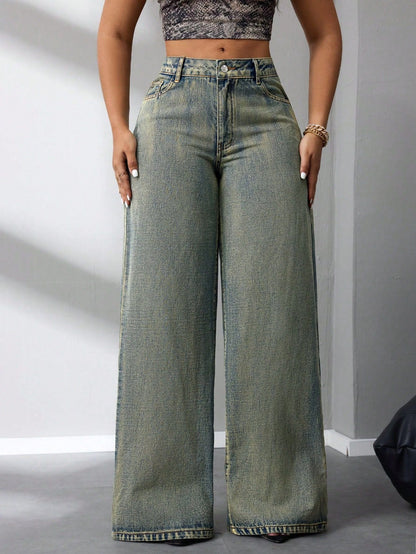 Damen High-Waist Jeans Vintage-Stil Weite Bein Lässig Blau
