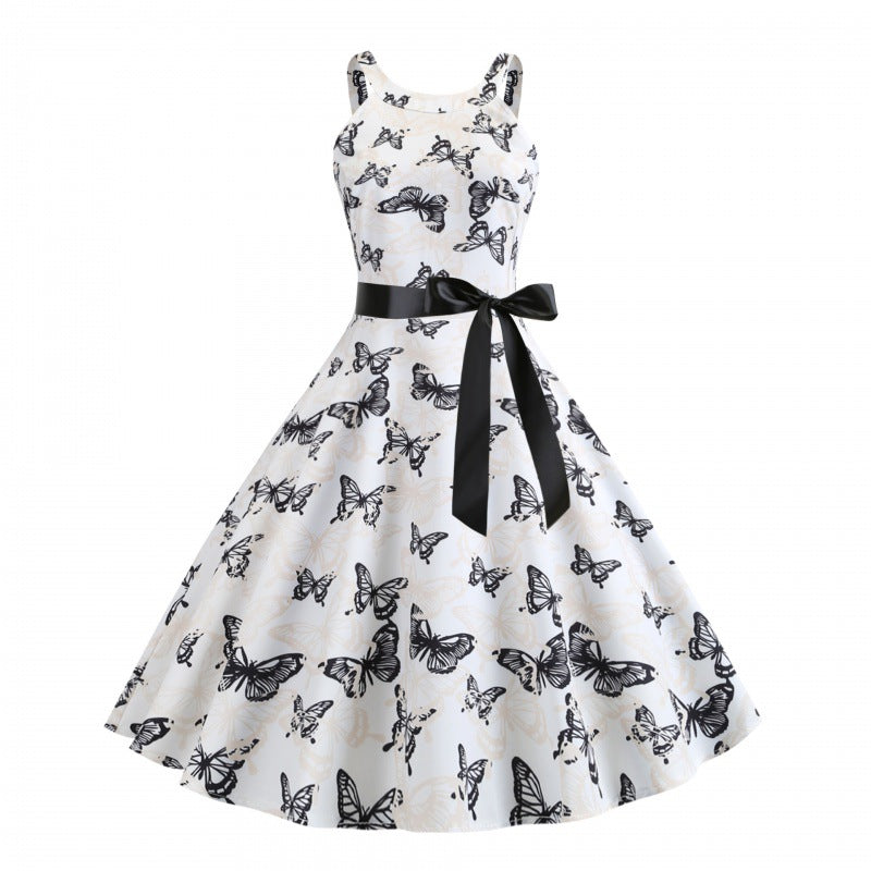Damen Midikleid Schmetterlingsdruck Taillengürtel Eveloria