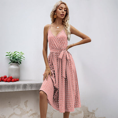 Damen Midikleid Taillengürtel Polka Dot Muster