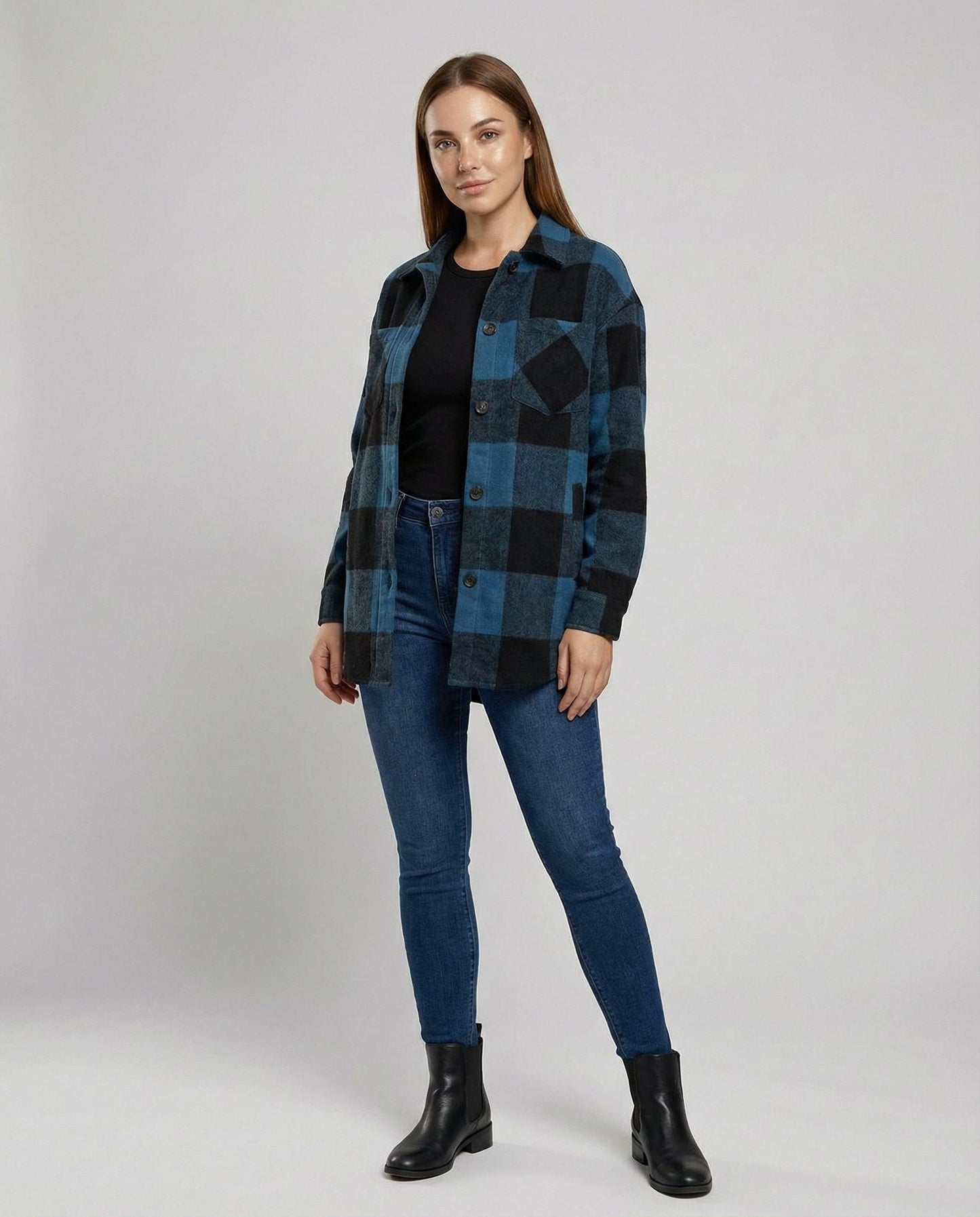 Damen Karo-Longbluse Baumwolle Lässig