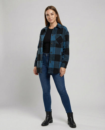 Damen Karo-Longbluse Baumwolle Lässig