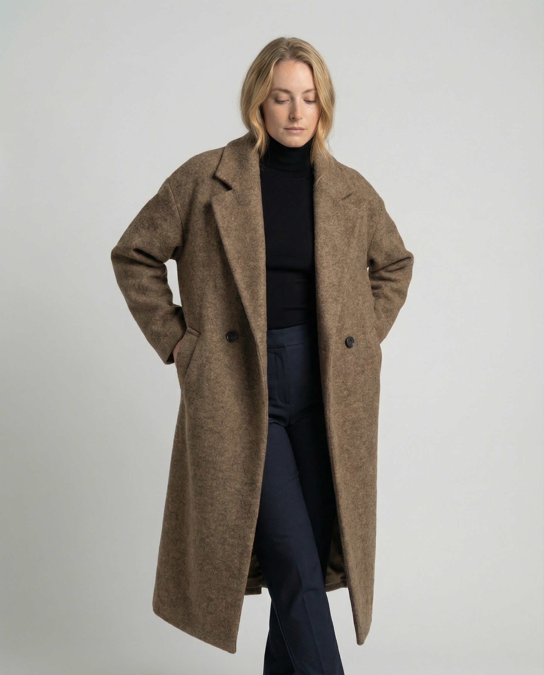Damen Oversized Wollmantel Elegant Lang Schwarz - Eveloria